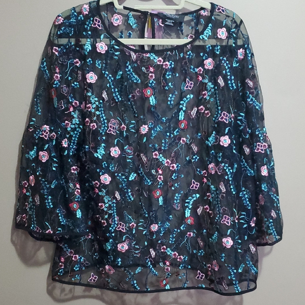 Michael Studio Floral Embroidered Sheer Top Size 16